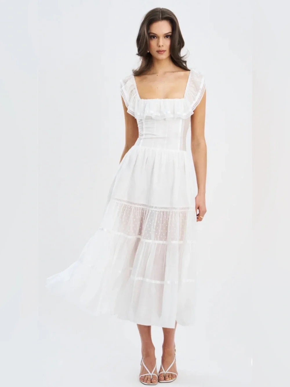 Eden Square Neck Ruffle Trim High Waist Midi Dress with Sheer Tiered Skirt - Picture 1 of 5